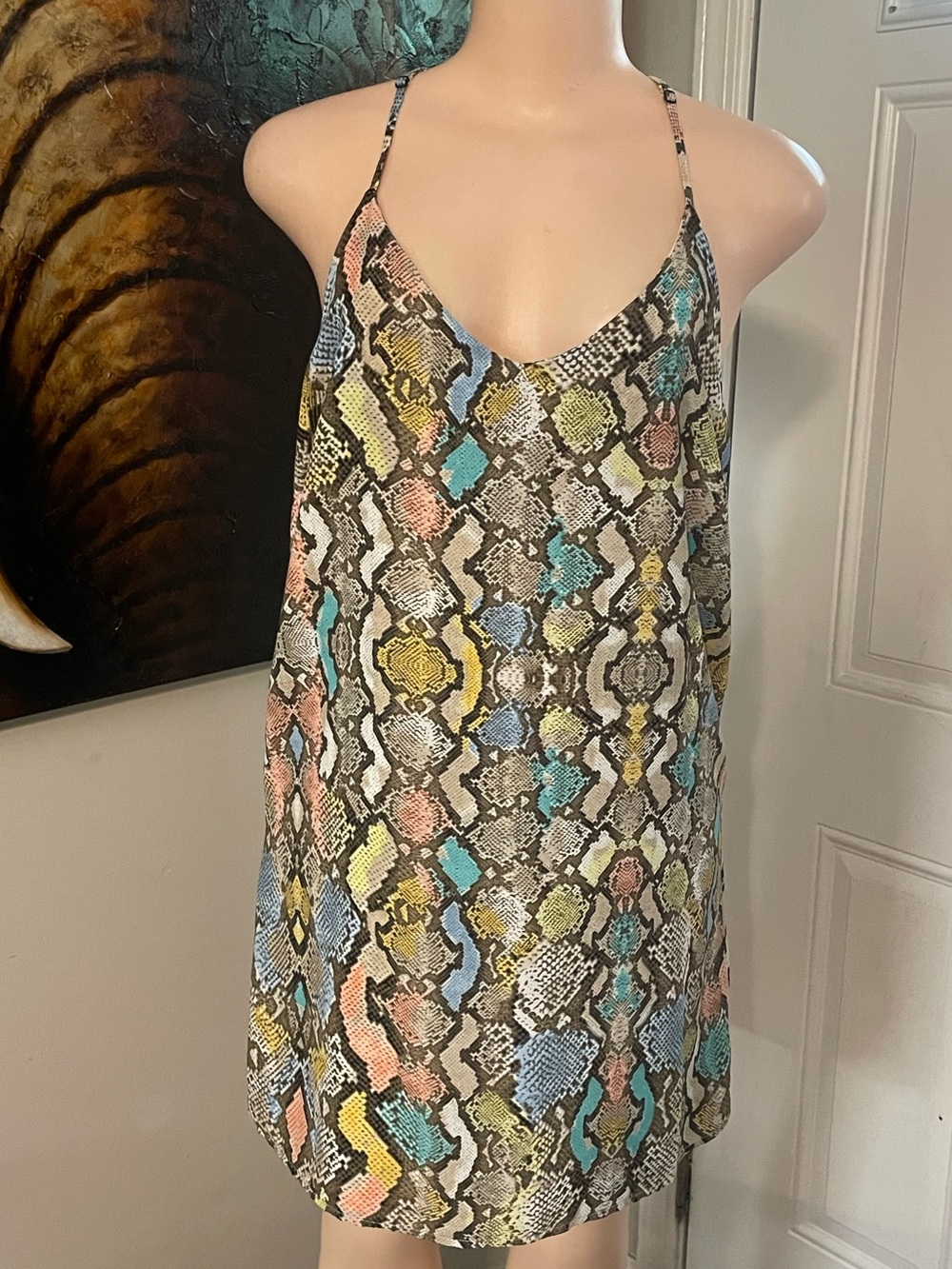Big waterblue sky colorful faux snakeskin spaghetti strap slip dress Medium y2k